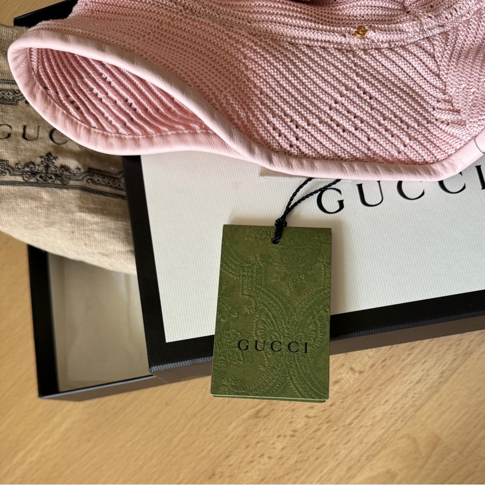 NWT~GUCCI~‘Malibu’ Leather-trimmed Crocheted Pink Bucket Hat - Large 58cm - Picture 6 of 14